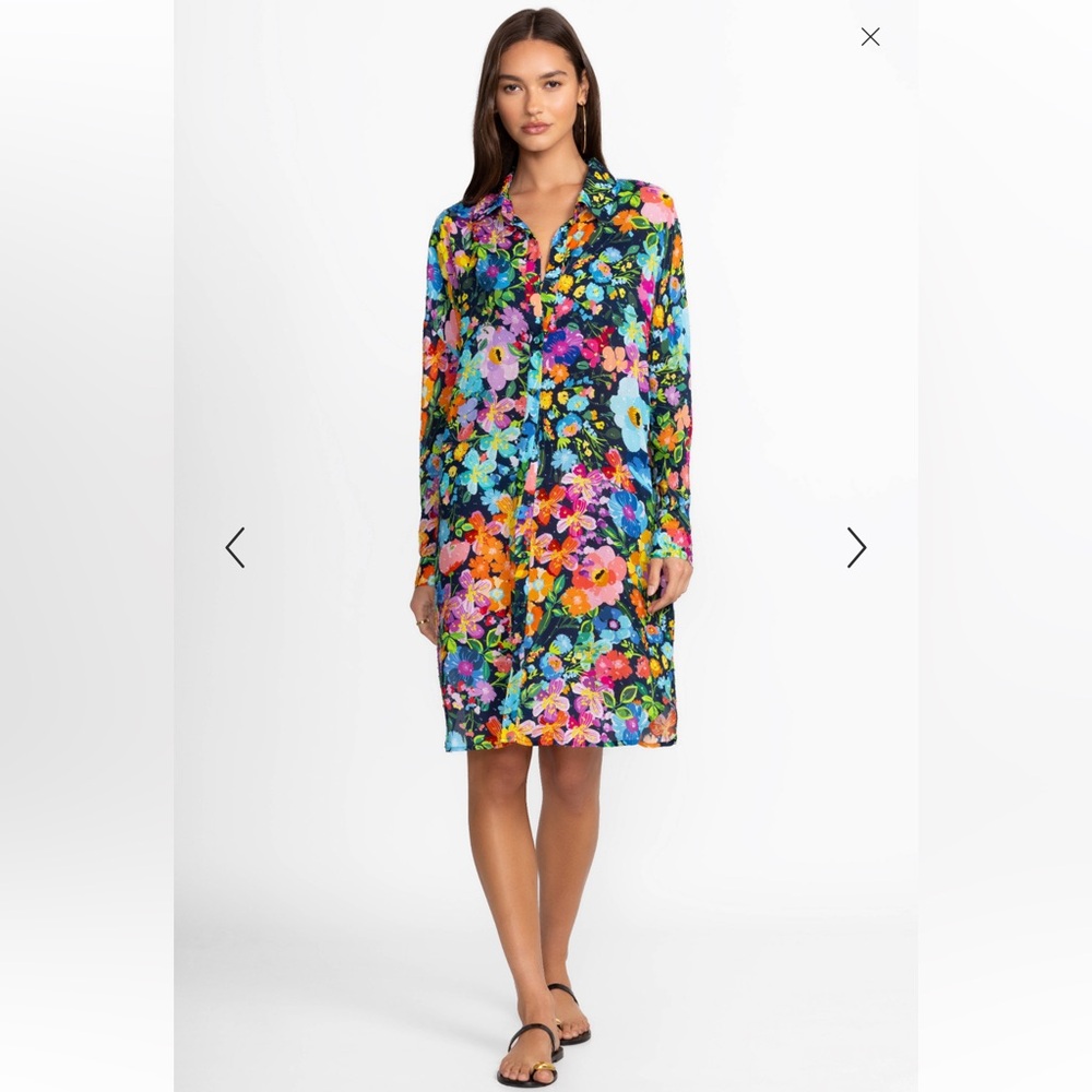 Johnny Was Wild Bloom Long Shirt Cover Up Dress Blue Floral Size Small NWT